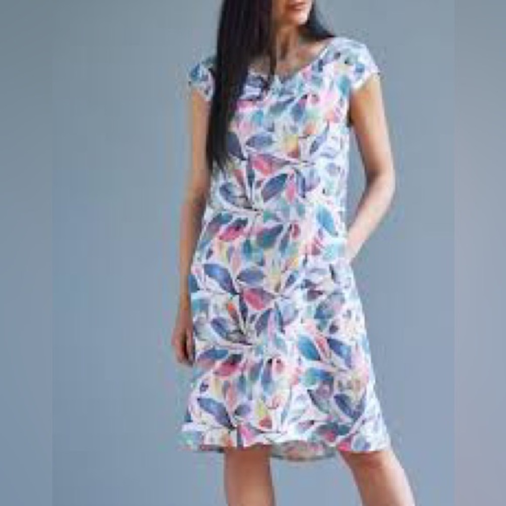 Luca Vanucci 100% Linen Tunic Style Dress Pastel Leaves Patterned Colourful